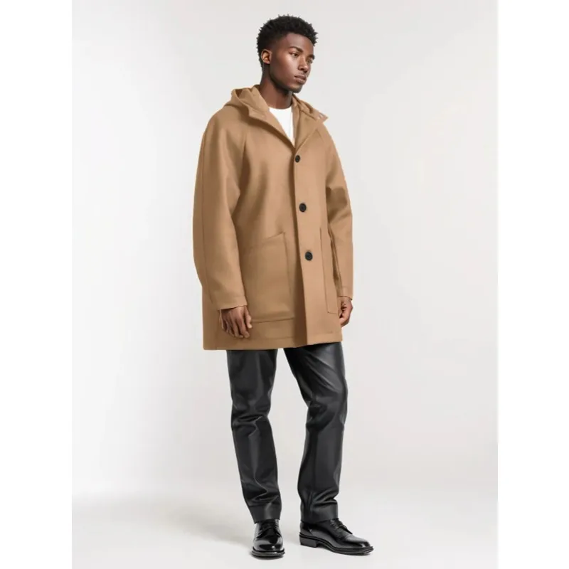 

Мужское пальто для осени и зимы, шерстяное пальто средней длины с капюшоном и рукавом реглан, однотонное однобортное пальто с большими карманами