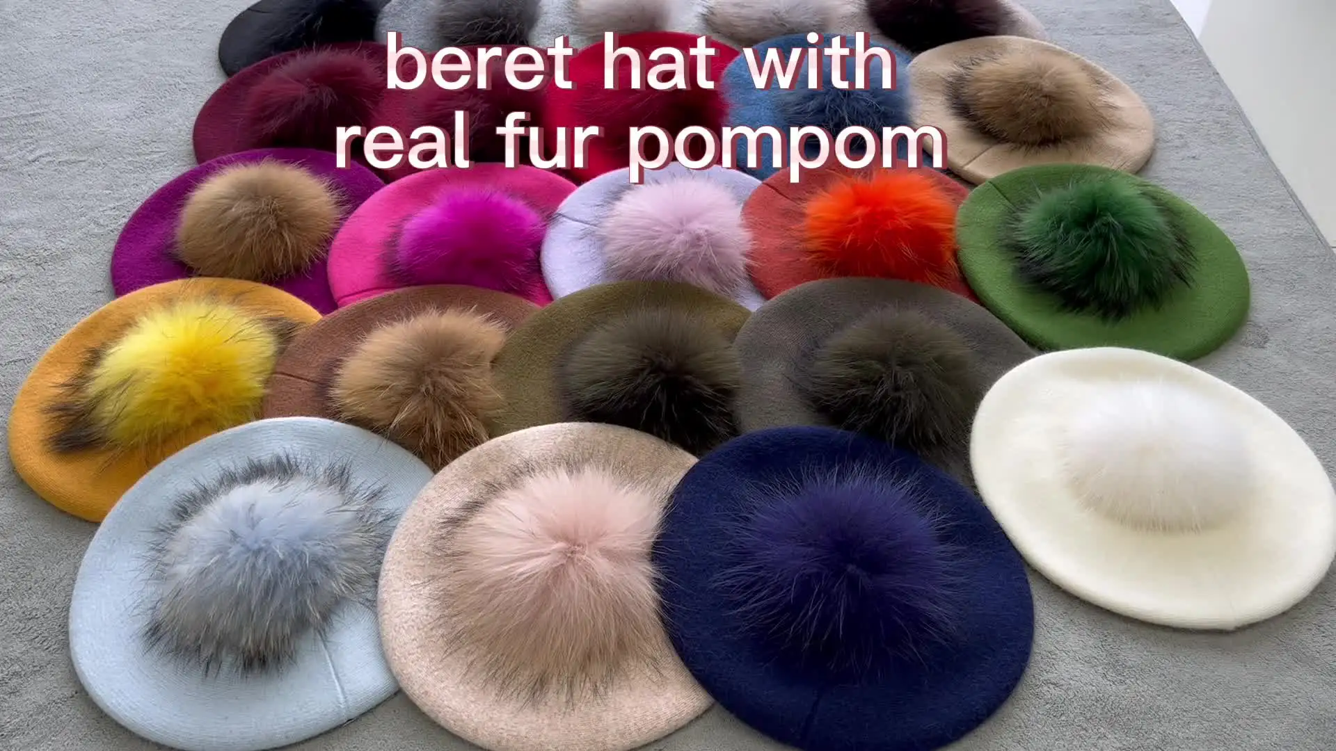 BeFur Women's Cashmere Blend Beret - Black With Raccoon Fur Pom Pom, One Size Fits All
