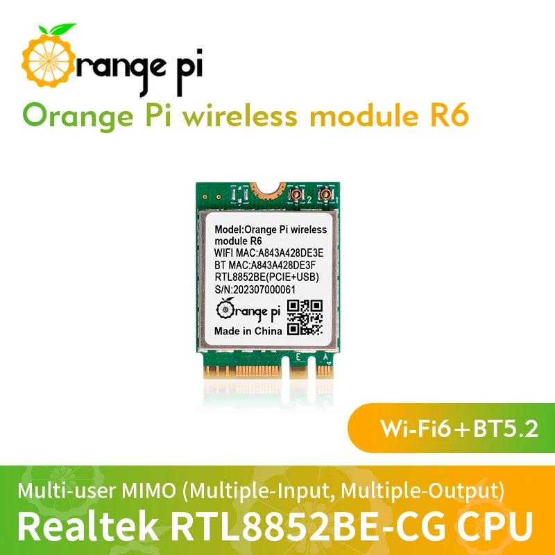 오렌지 파이 무선 모듈 R6, 오렌지 파이 5 플러스 보드용, 2.4G, 5G, 듀얼 밴드 Wi-Fi6 + BT5.2, PCIE M.2 E-키 인터페이스, 와이파이 모듈