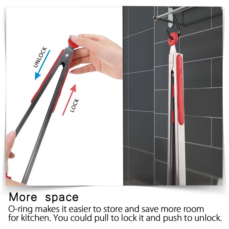 LMETJMA Kitchen Cooking Tongs Heat Resistant Stainless Steel BBQ Tong with Silicone Tips and Stand Design For Salad Grill KC0254 BEST SELLERS