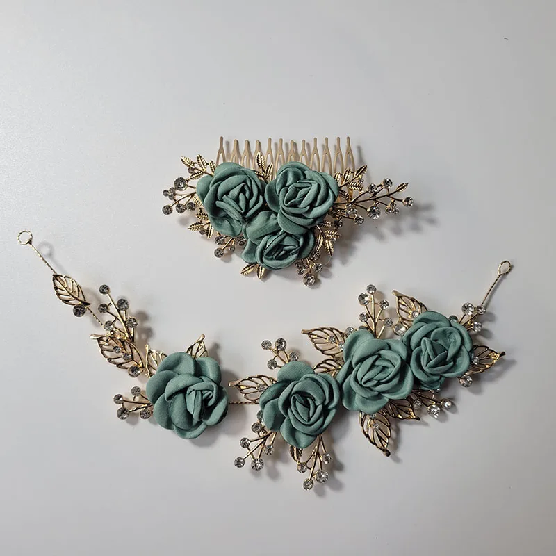 SLBRIDAL Handmde Rhinestones Pearls Cloth Flower Bridal Headband Hair Comb Clip Wedding Barrettes Hair accessories Women Jewelry