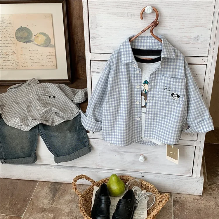 Casual Plaid Shirt for Baby Boys Spring Autumn Versatile Children's Clothing Korean Style Small Toddler Kids' Checkered Top