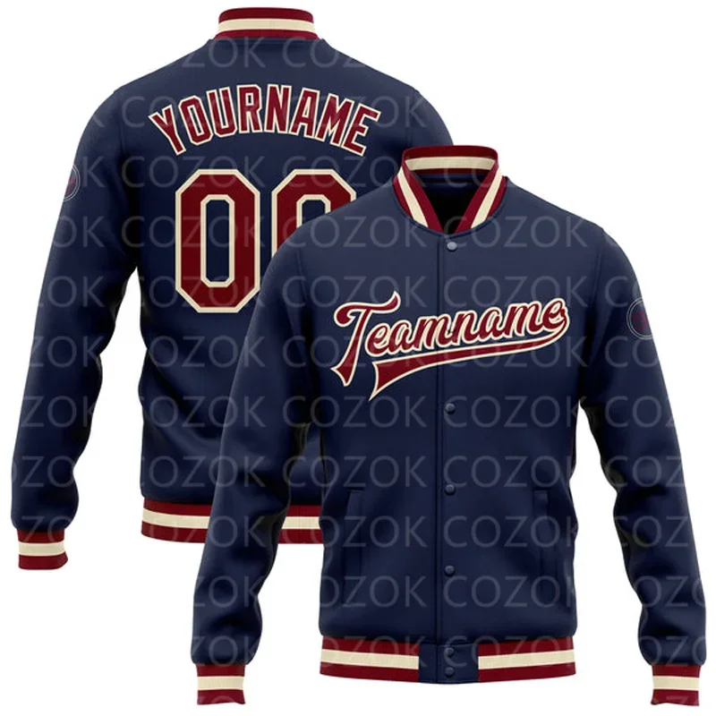 Custom Dark blue 3D Printed Baseball Button Jacket Bomber Full-Snap Varsity Letterman Jacket