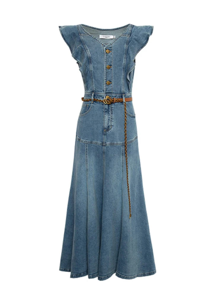 【BAON】Hien Pleats Denim Layered Sleeveless One Piece DEAT Trendy Women Belt Design Flouncing Denim Dress 2024