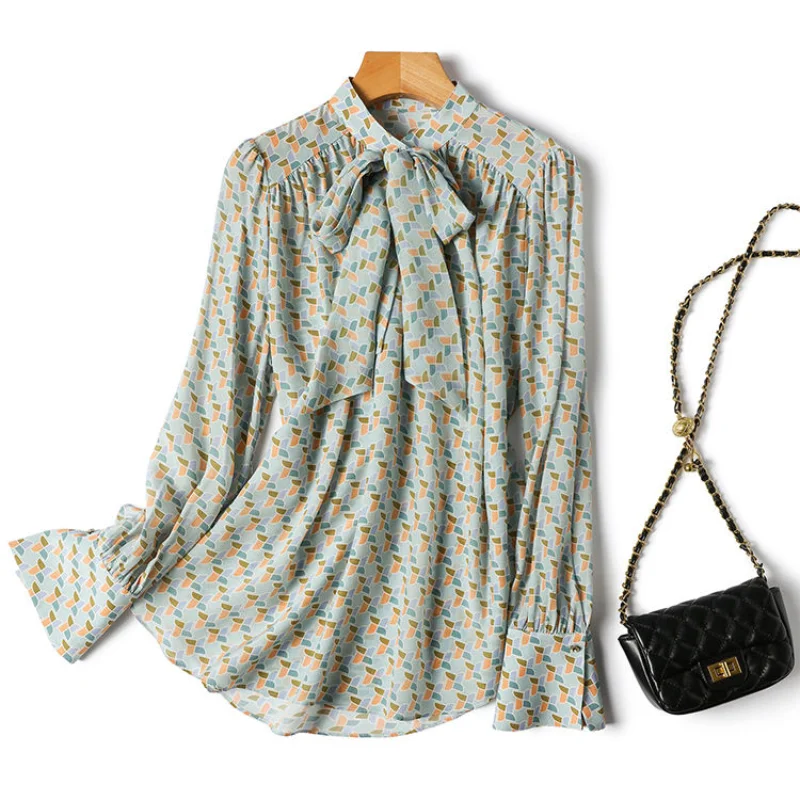여성 프린트 긴팔 캐주얼 블라우스, 심플한 출퇴근 리본, 올 매치 버튼, 봄 신상 패션 