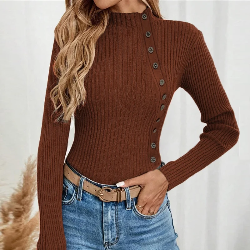 thumbnail image 1 of Suéter de cuello alto para otoño e invierno, elegante, suave, cómodo, elástico, para mujer, camisa de mujer, blusa de manga larga con botones acanalados, 1 of 5