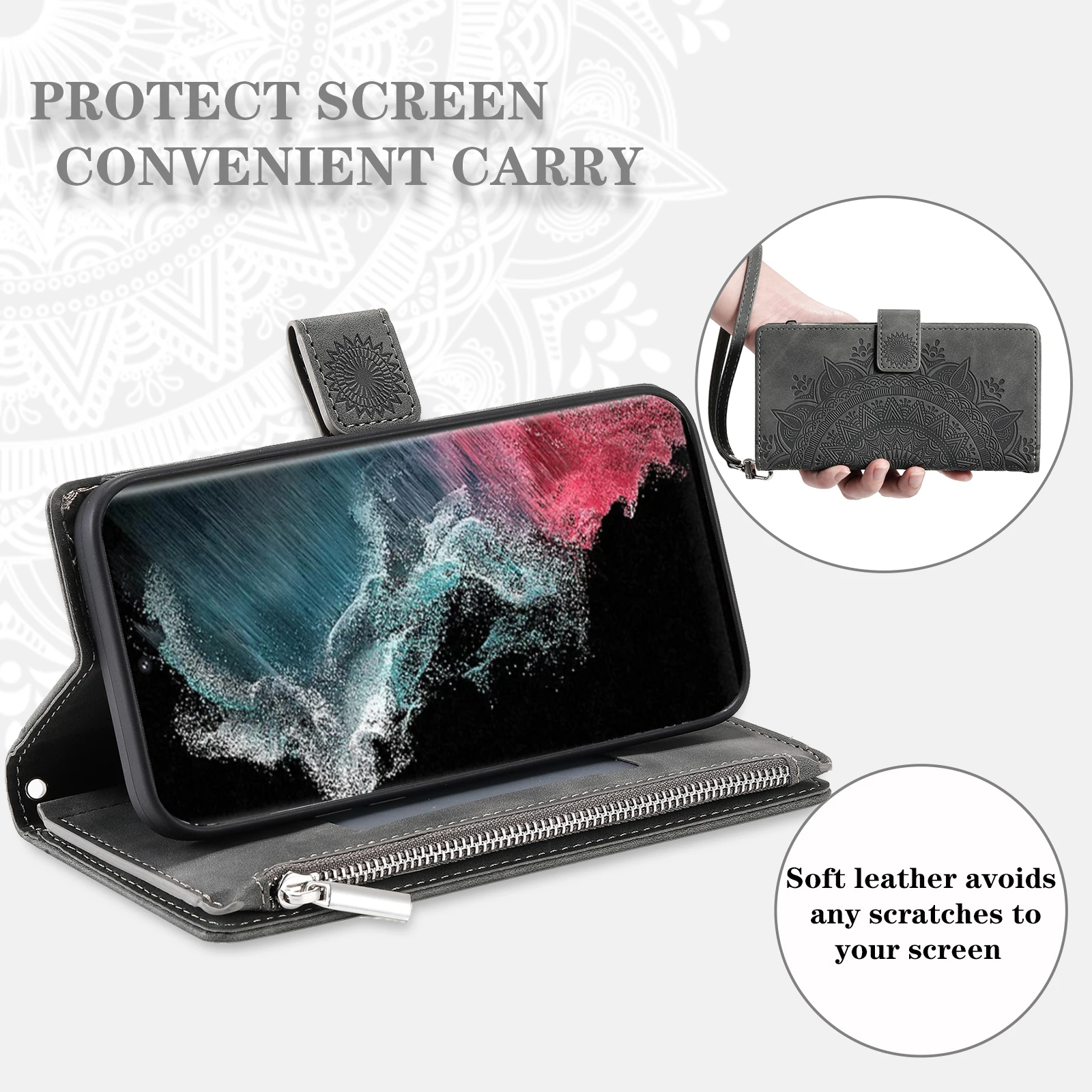 Embossed Leather Wallet Phone Case with Card Holder