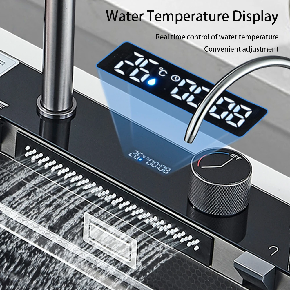 304 Stainless Steel Kitchen Waterfall Sink Digital Display Large Single Sink Dish Basin Sink With Multifunction Touch Waterfall 3