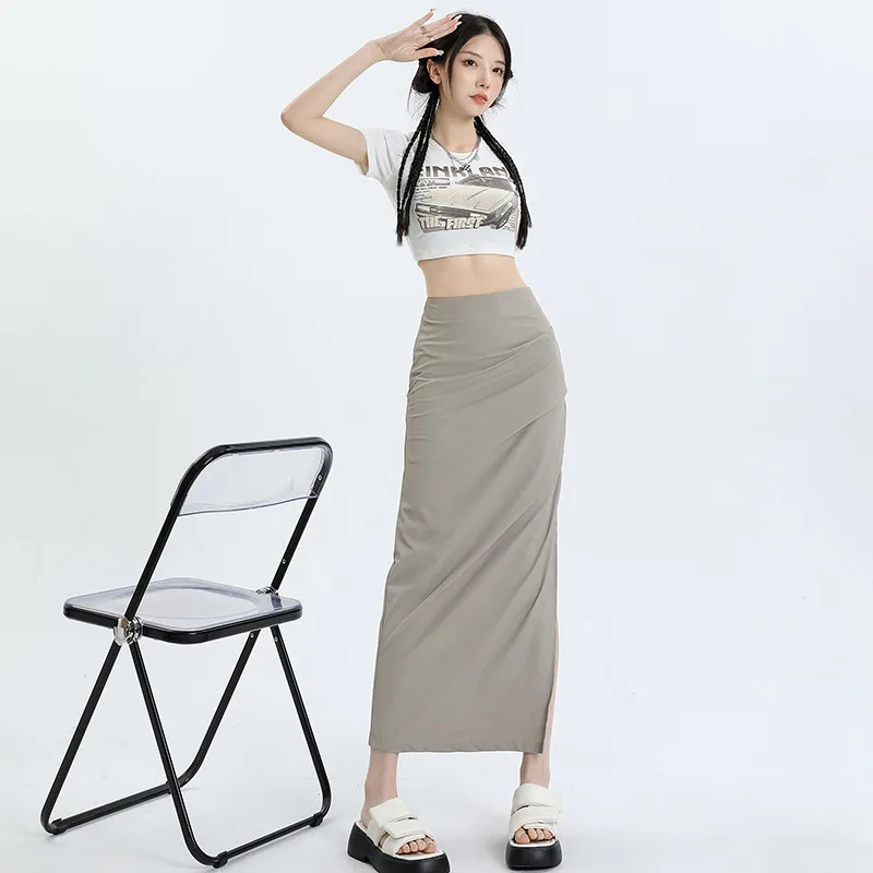 AL Yoga Pleated Split Dress Sexy Girl Summer Thin High Waist Slim Mid Length Wrap Hip Comfort Versatile Half Skirt for Women