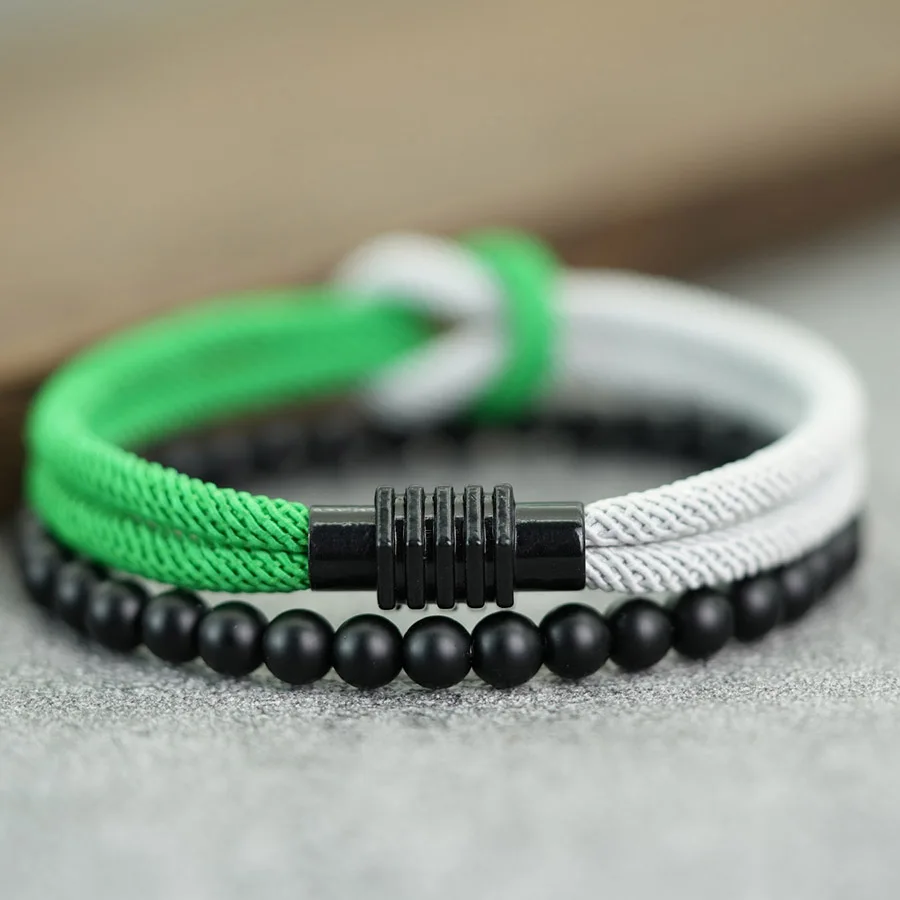 Klassisches kontrastierendes Design-Armband-Set für Männer, 2 Stück/Paar, Güteklasse A, 4 mm, glücklicher roter Faden, chinesisches Knotenarmband, Meditationsarmband – Detail 10