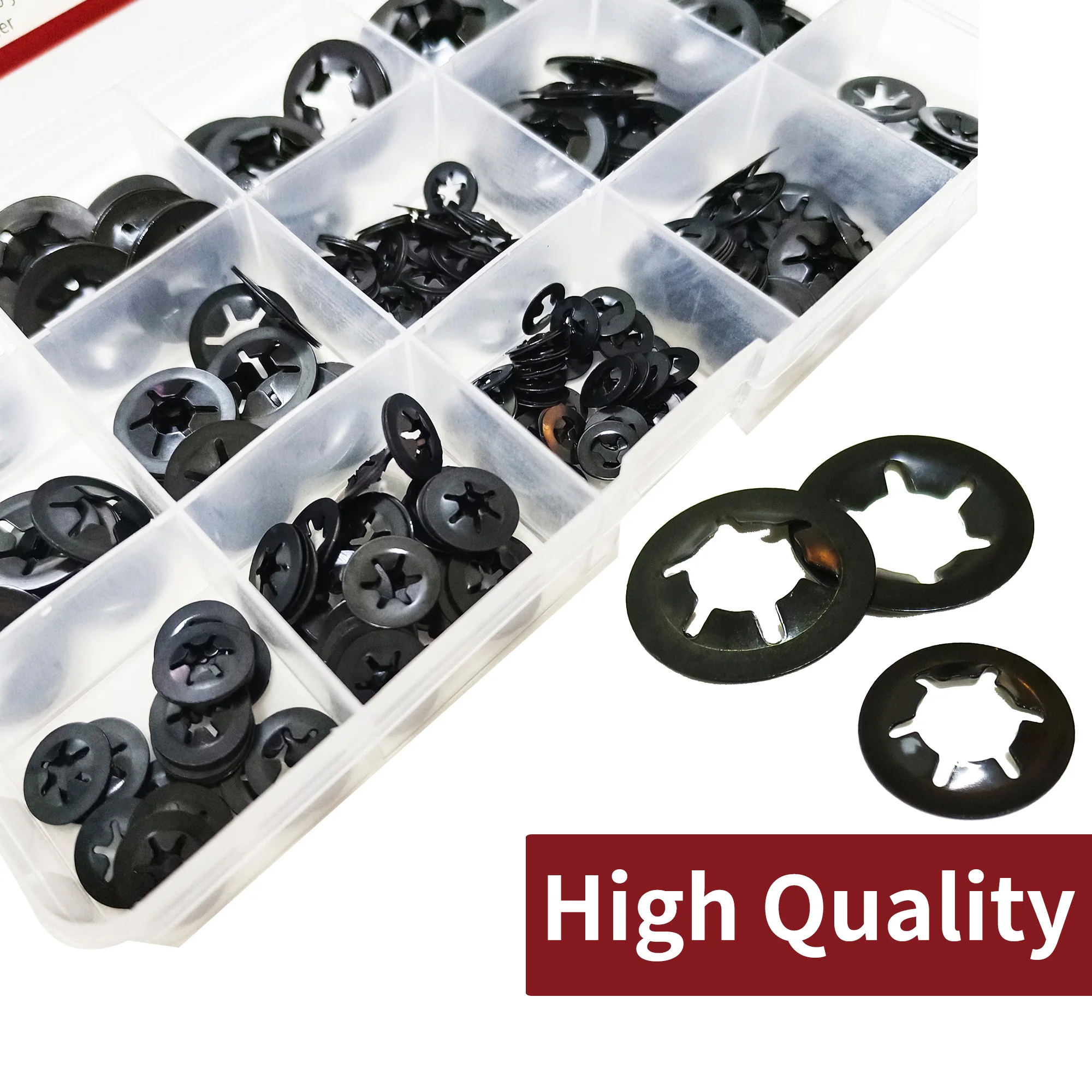 365PCS Internal Tooth Starlock Washers, 8 Sizes Push On Speed Clips Fasteners Assortment Kit, 65 Mn Steel Black Oxide Finish