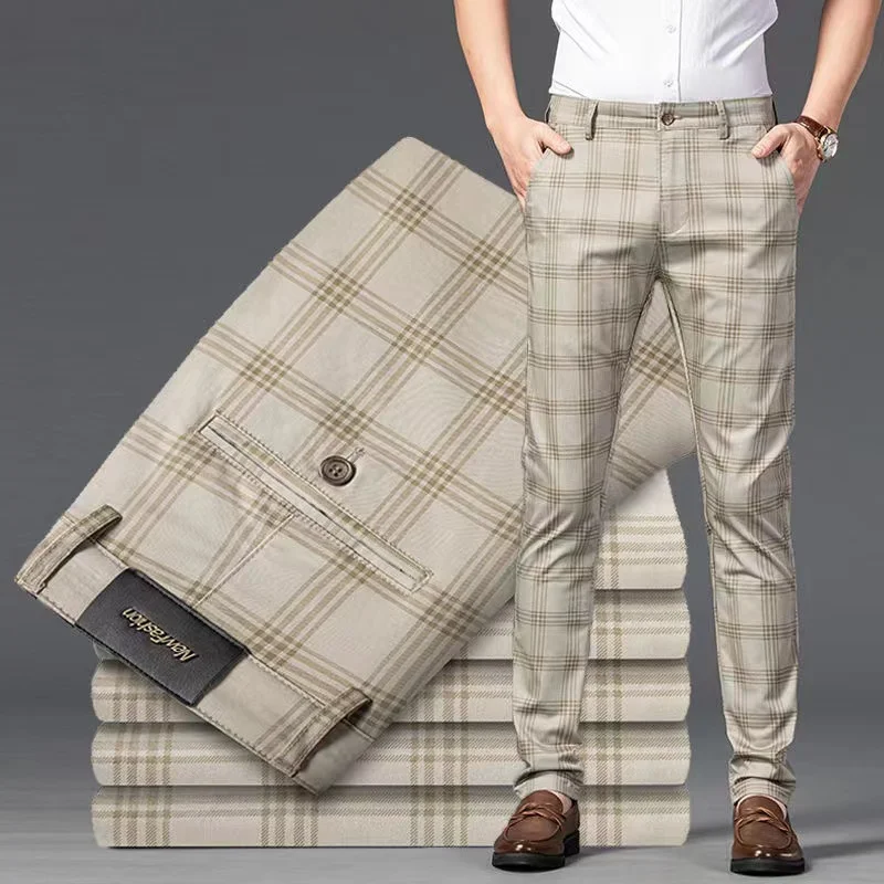 Summer Thin Mens Striped Plaid Pants New Business Casual Pants Slim Fit Straight Stretch Trousers Fashion Male Pants