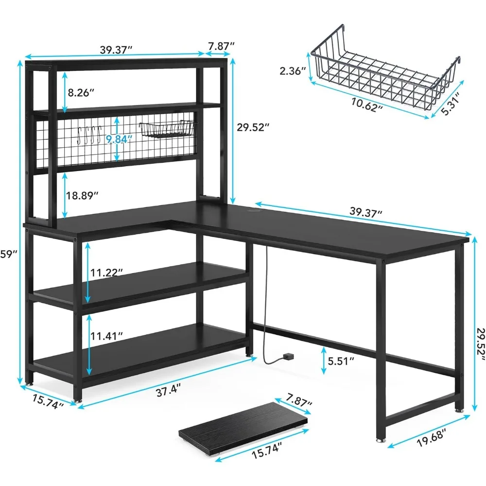 Computer Desk with Wireless Charging 5 Storage Shelves, Office Desk Study Table Writing Desk Workstation with Hutch Bookshelf 3