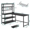 Computer Desk with Wireless Charging 5 Storage Shelves, Office Desk Study Table Writing Desk Workstation with Hutch Bookshelf 3