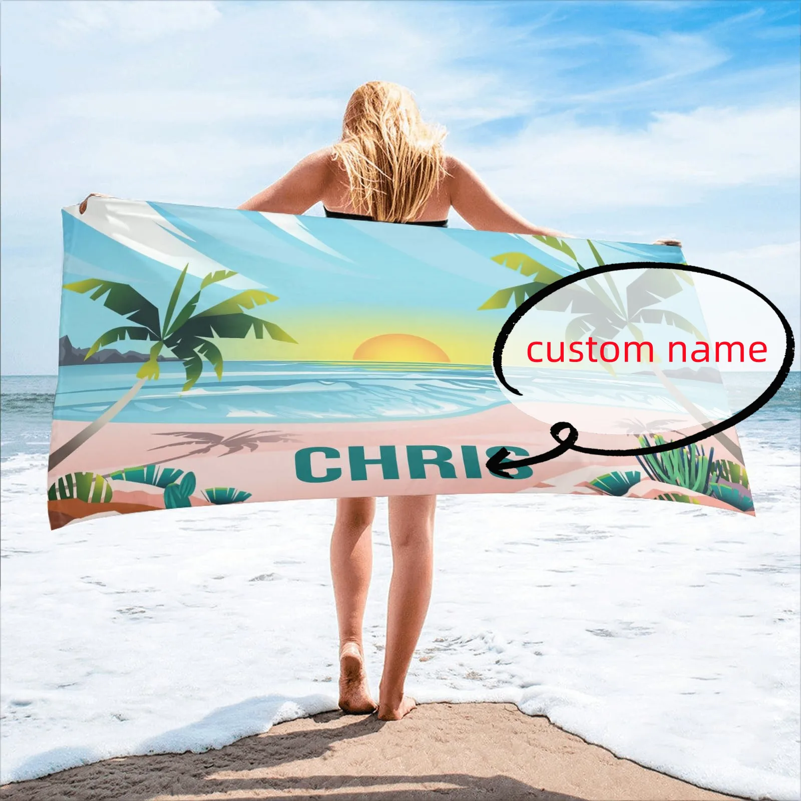 

Custom Name Beach Towel Personalized Seaside Summer Beach Print Bath Towel for Kids Women Men Bath Towels for Travel Camp Swim