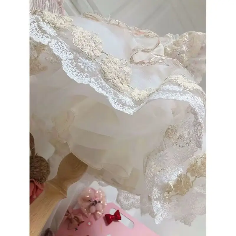 Birthday Party Lolita Dress Girls Kids Summer Lace Champagne Short Sleeve Dress Cute Princess Doll Teen For Girls