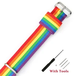 Universal Nylon Canvas Weave Watch Strap with Metal Buckle - Sport Watch Accessory - 22mm (Rainbow)