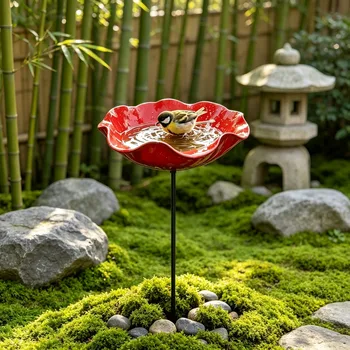 Vasca per Uccelli a Forma di Fiore in Metallo con Picchetto per Giardino, Ciotola per Acqua e Alimentazione per Uccelli Selvatici, Decorazione per Patio
