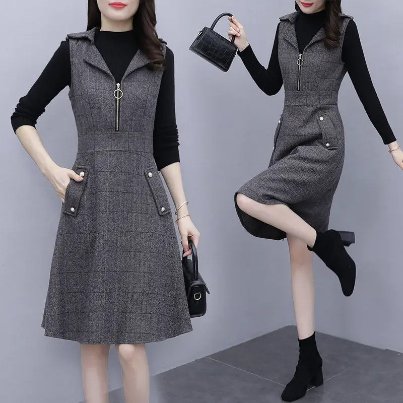 Casual Woolen Dress Two Peice Suit Women Gray Turn Down Collar Sleeveless Dress And Pullover Sweater Outfits Oversized Plaid Set
