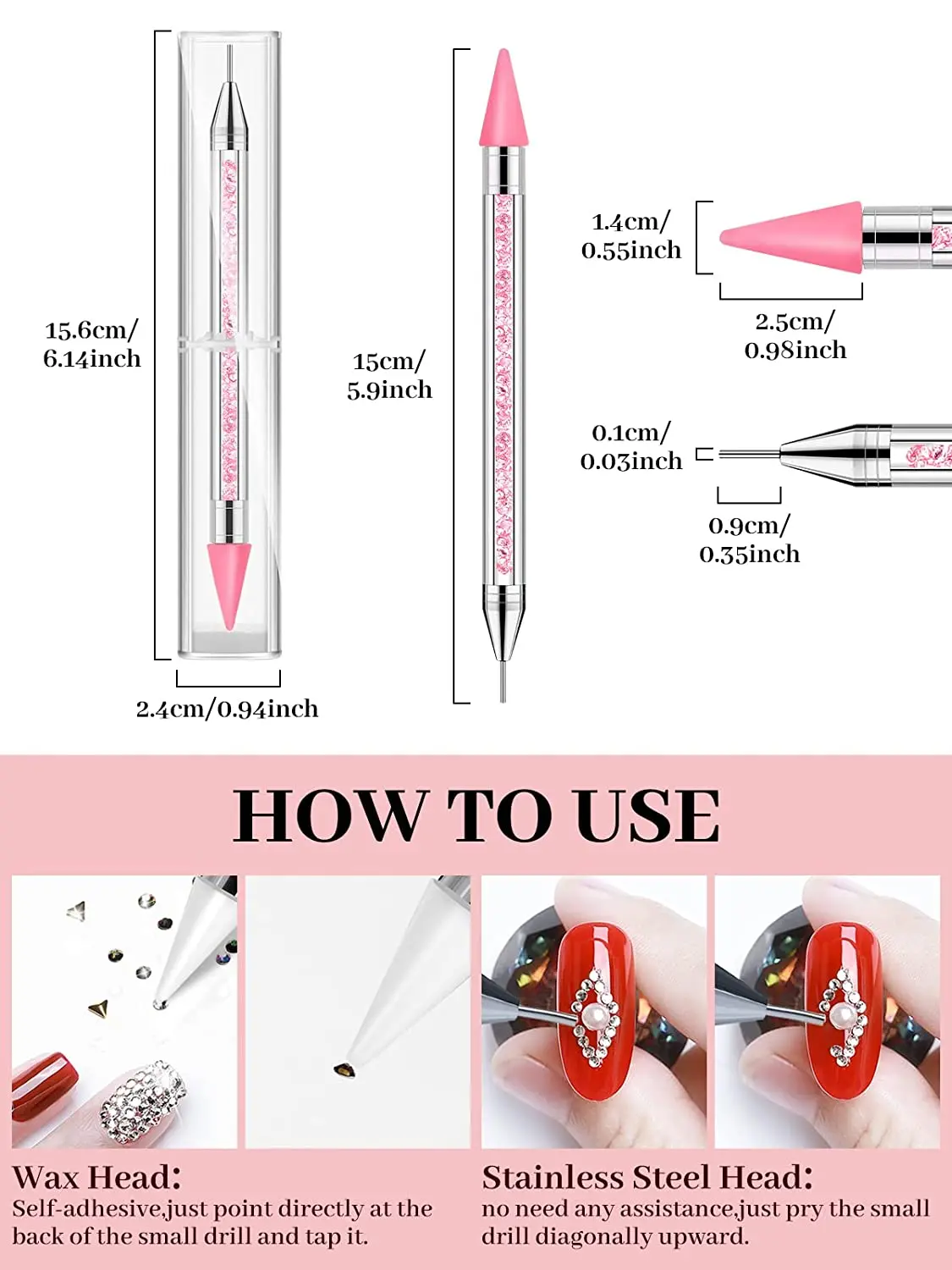 Nail Rhinestone Picker Dotting Pen, Wax Pencil for Rhinestones, Dual-ended Rhinestone Gems Crystals Studs Picker Wax Pen 2