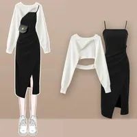 Women Spring New Vintage Short Knit Blouse+Split Sling Skirt 2-Piece Suit 2026 Korean Elegant Long Sleeve Top Dress Matching Set - Image 2