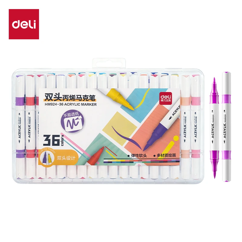 Deli Dual-Tip Acrylic Markers Set with Highlighters Art Brush Paint Pens for Sketching Doodling Hand-Drawing 12/24/36/48 Pcs/Set
