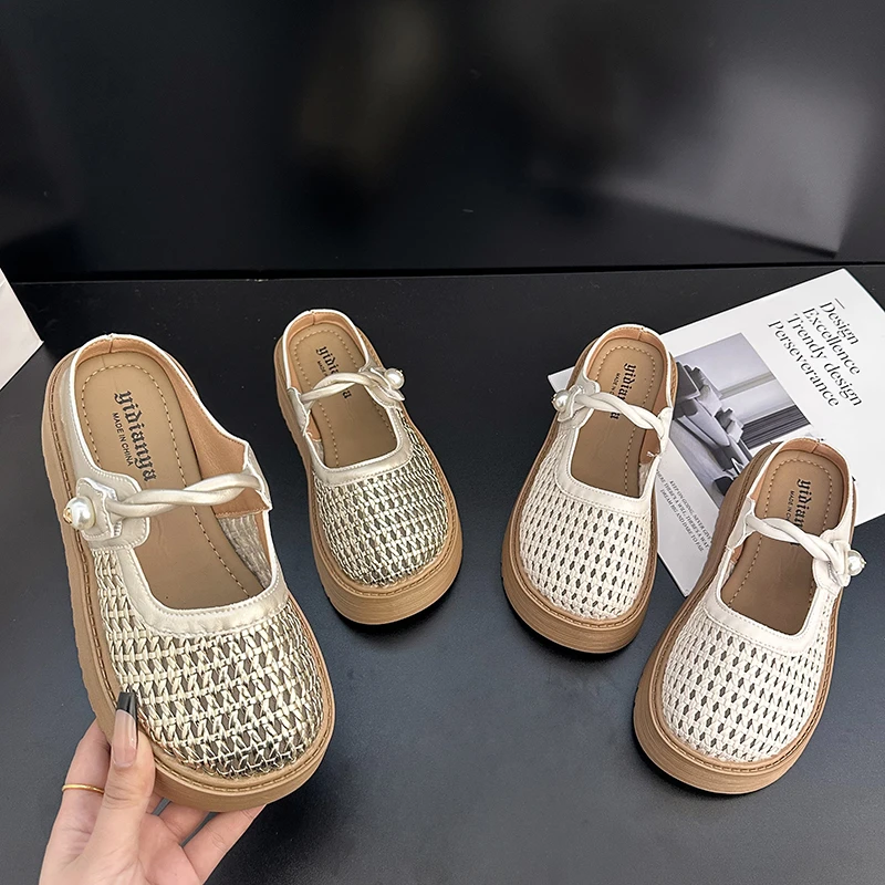 Summer Women's Hollow Out Woven Round Toe Mary Jane Buckle Strap Chunky Platform Mule Clogs Slides Sandals Casual_vogvips.com