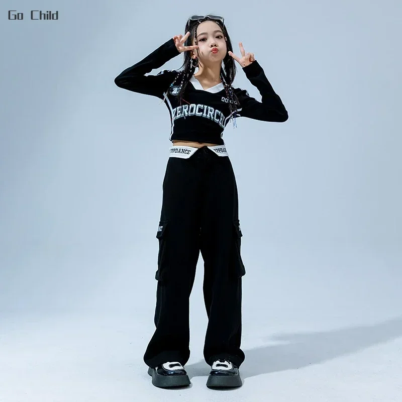 Hip Hop Girls Crop Polo Shirt Cargo Pants Kids Sweatshirt Street Dance Letter Joggers Child Streetwear Clothes Sets Jazz Costume