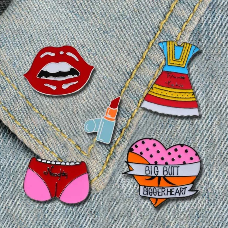 

Lips Lipstick Dress Enamel Pin Sexy Women Girl Lapel Pin Big Button Heart Brooches Denim Lapel Shirt Buckle Bag Badge Jewelry