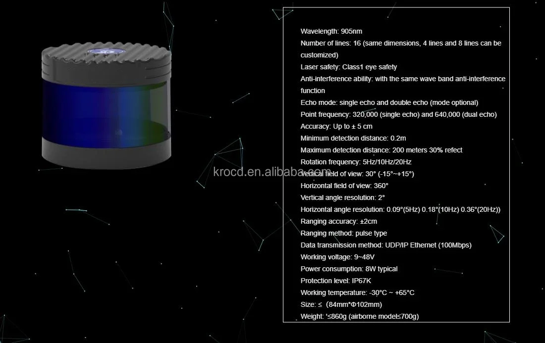 200m Long Detection Range with High Resolution 16 Beams Lidar Sensor