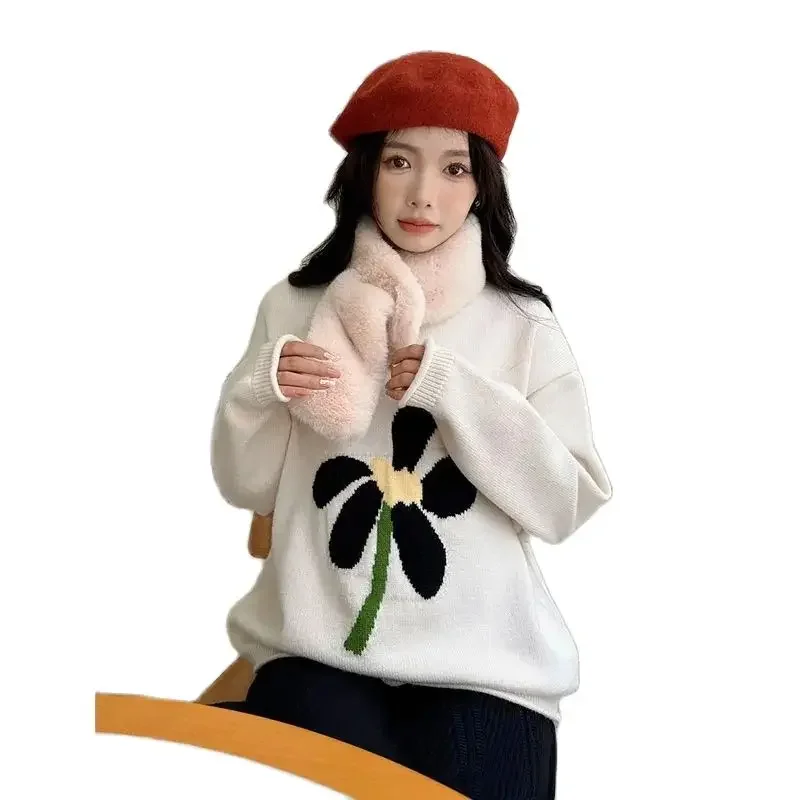 Autumn Pregnant Woman Sweater Korean Style Long Sleeve O-neck Large Flower Embroidery Fashion Maternity Knitted Pullovers Top