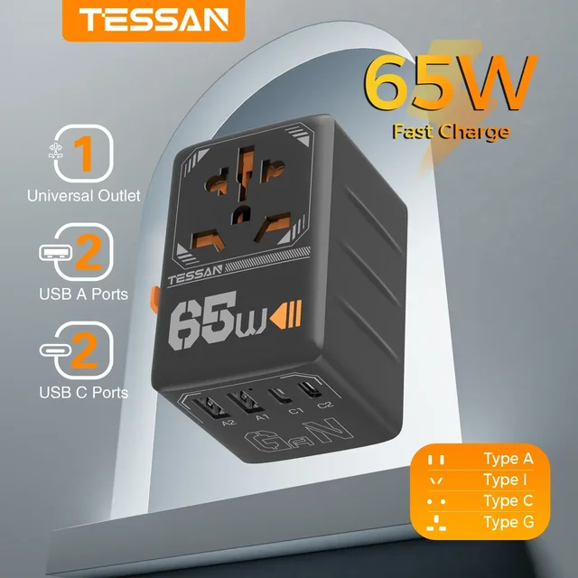 TESSAN 65W GaN International Plug Travel Adapter with