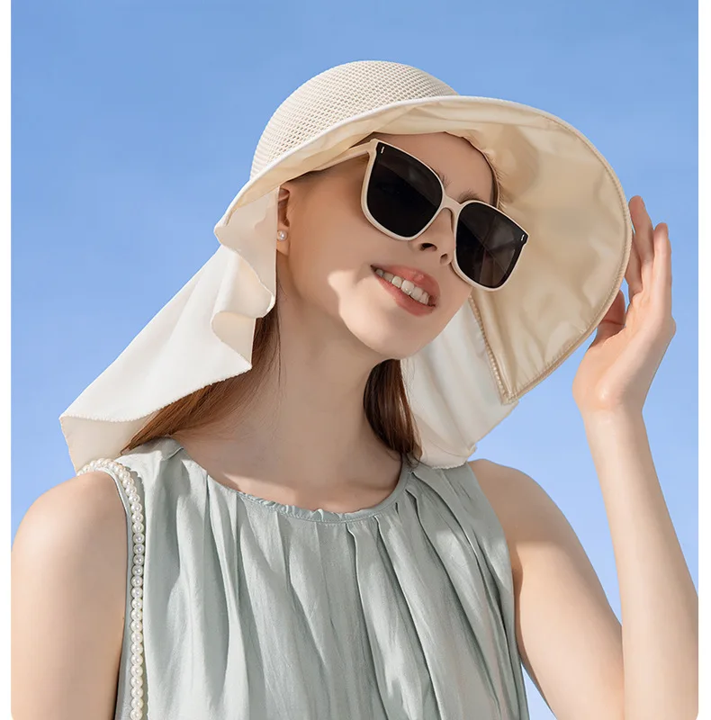 Sommerhut für Damen, mit Schal, leicht, atmungsaktiv, Netzstoff, Gesichts- und Nackenschutz, Sonnenhut mit Schleife, Falten-Design, für Reisen und Strand_voghion.com