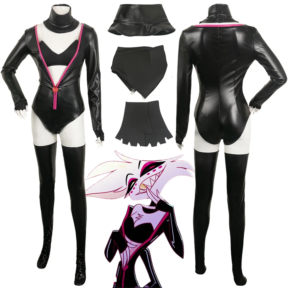 

Angel Dust Cosplay Leather Jumpsuit Costume Anime Hazzbin Cartoon Hotel Outfiits Women Disguise Stockings Female Halloween Suits