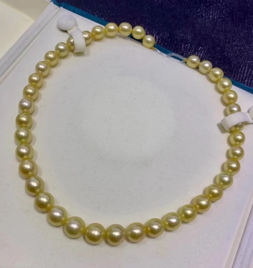 

925 Sterling Silver Gold Pearl Necklace For Women 9-12mm Near Round Natural Seawater Pearl Fashion Wedding Jewelry Gifts