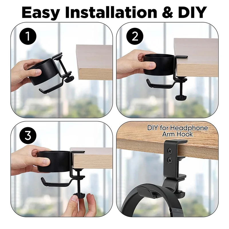 Professional Tool 2 In 1 Desk Cup Holder With Headphone Hanger Spill Resistant Cup Holder For Desktop Coffee Cup/Bottle/Earphone