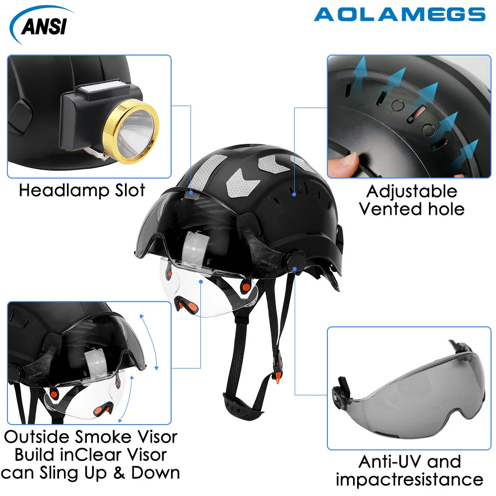CE Construction Safety Helmet With Visor Built In Goggles And Reflective Stickers ABS Hard Hat ANSI Industrial Protection Cap safety helmet