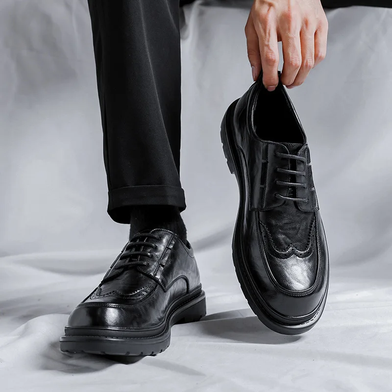 

mens fashion wedding party dress original leather shoes lace-up carving brogue derby shoe black breathable gentleman footwear