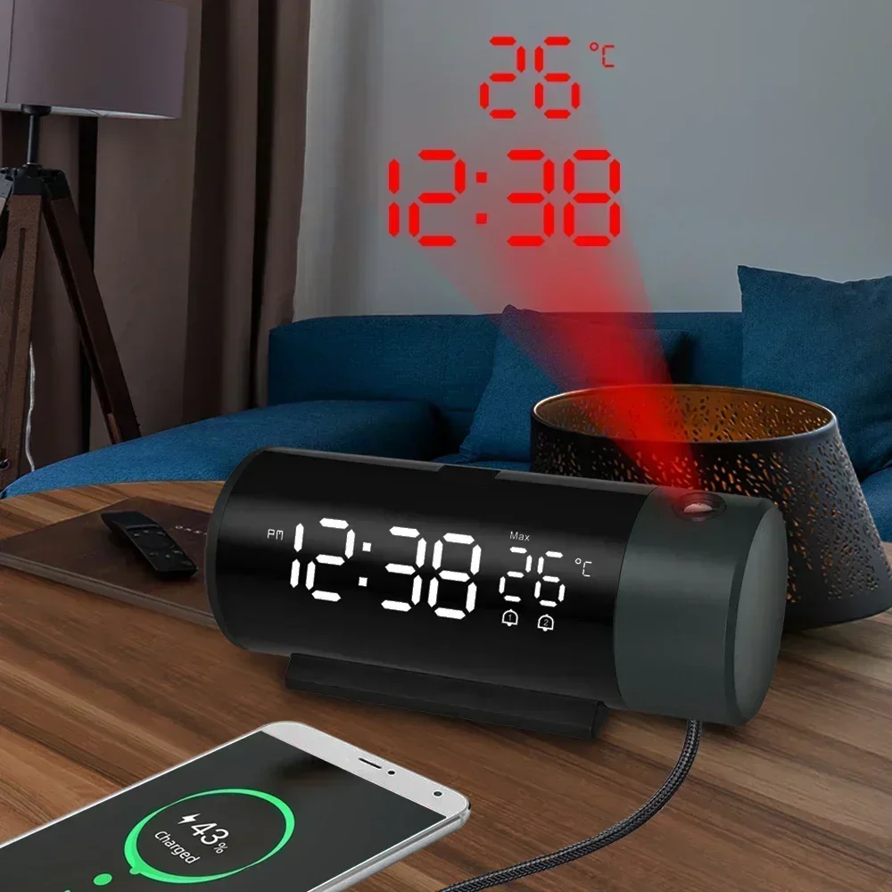 

Bedside Electronic Temperature With Wall Clocks Alarm Bedroom Snooze Clock Projection 180°rotation Table Function Digital