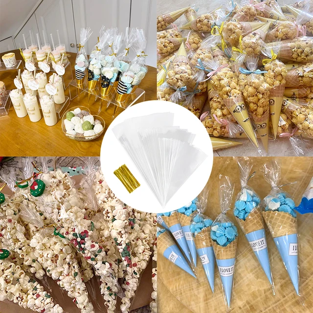Sacs de rangement de bonbons à cône transparent, 50 pièces, sac en plastique transparent, sacs à bonbons pop-corn pour réception-cadeau pour bébé, sacs de fête de mariage, fournitures 5