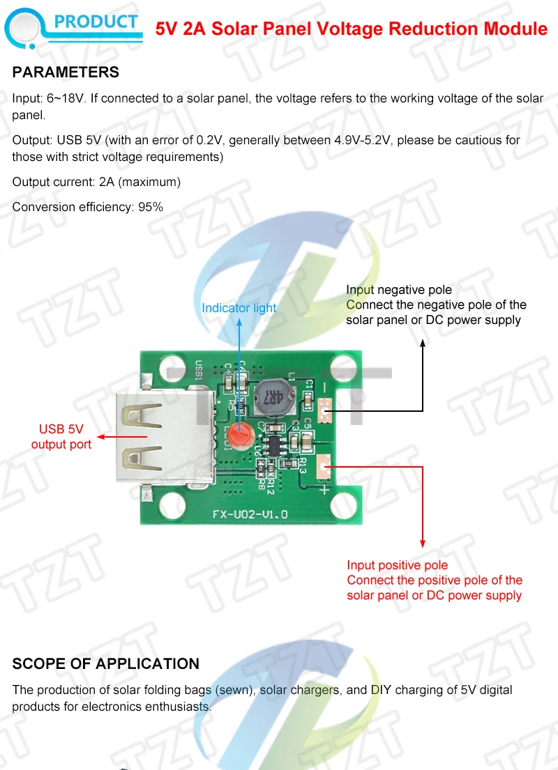 TZT 5V 2A Solar Panel Power Bank USB Ladespannungsregler Regler 6-20V bis 5V Step Down Modul mit LED-Anzeige – Detail 1