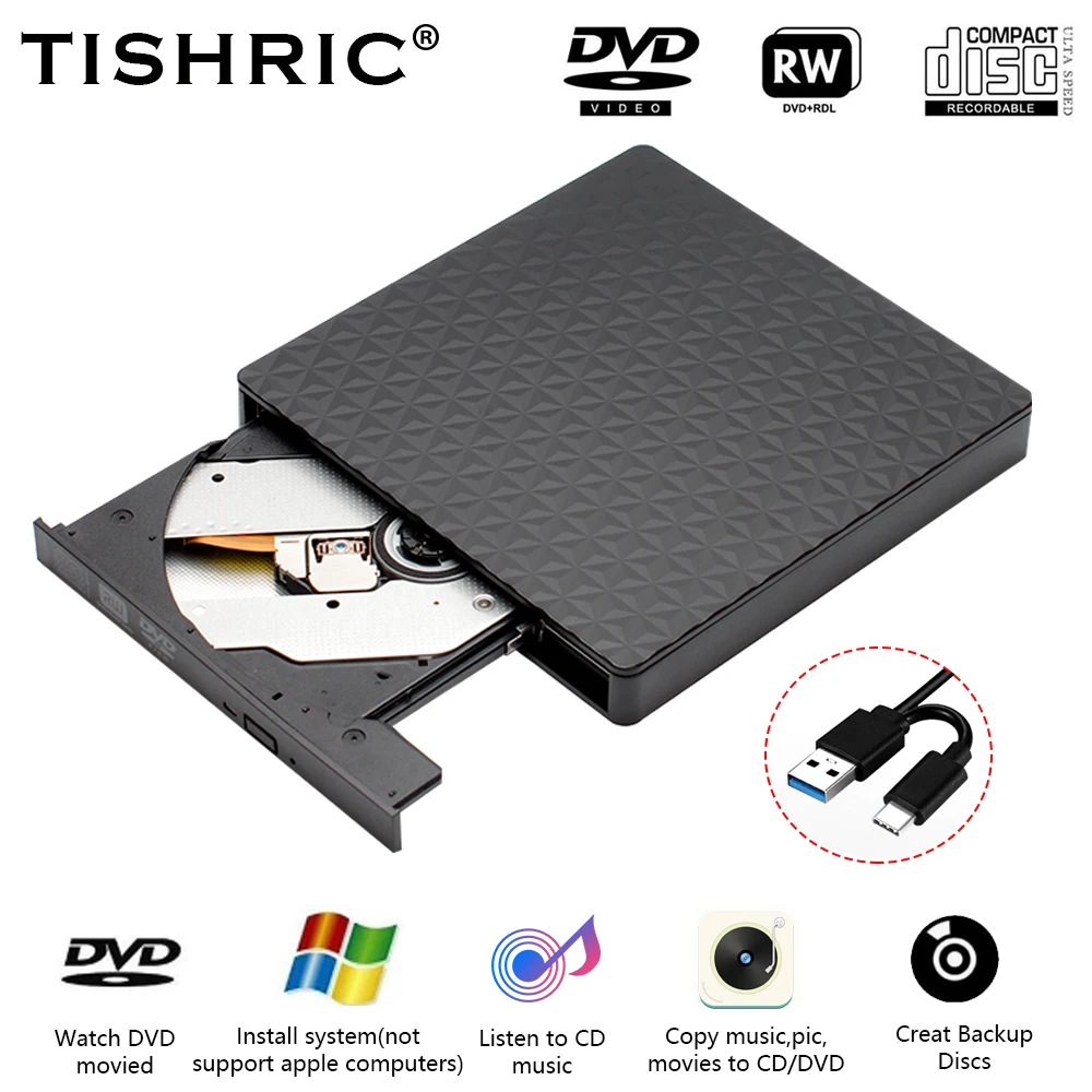 Tishric cd dvd external usb optical drive burner adaptor reader writer