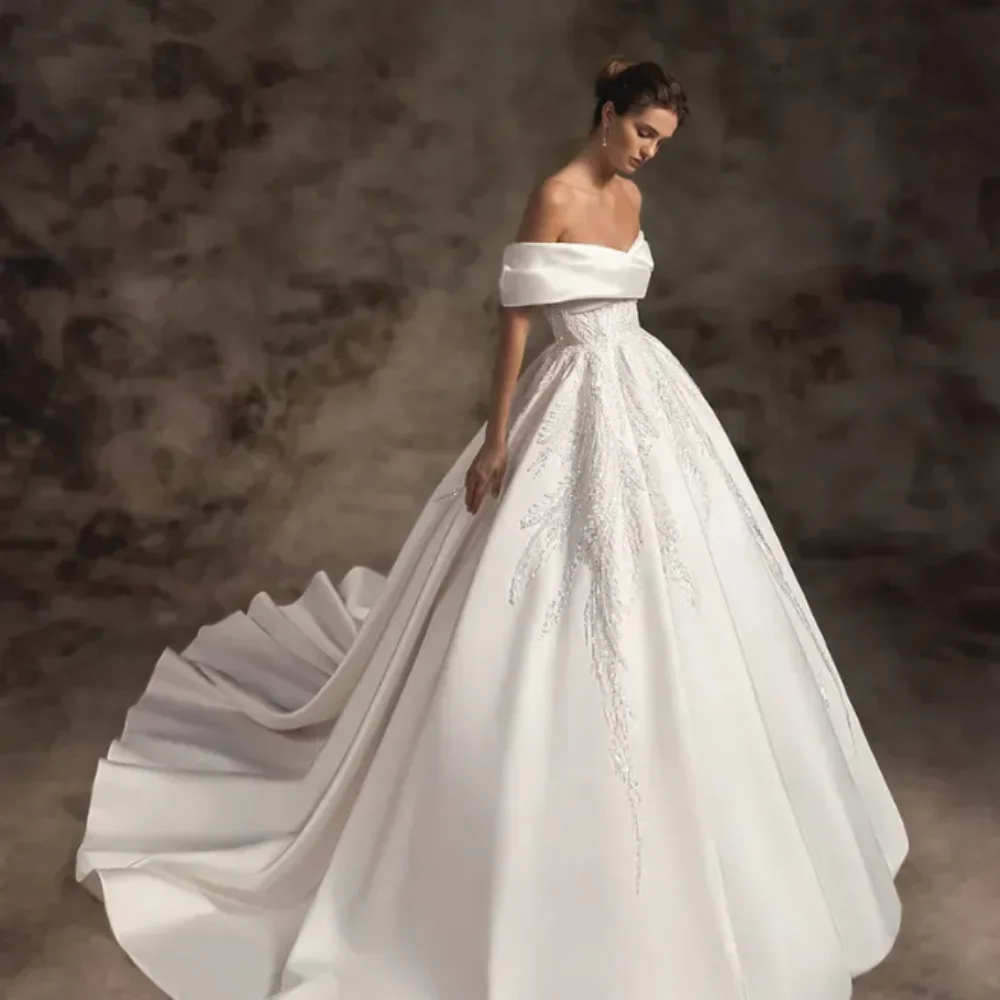 

Exquisite Princess Wedding Dress Off The Shoulder Pearls Sequined Zipper Backless Bridal Ball Gown Custom Vestidos De Noiva New