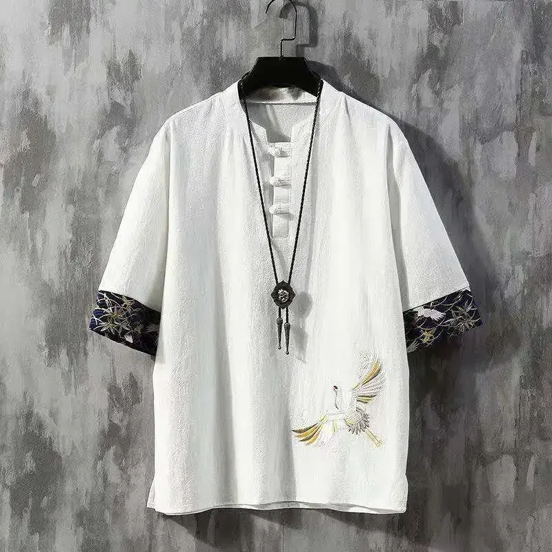 

Embroidered Men Cheongsam Tops Tang Suit Traditional Chinese Tee Shirt for Men Hanfu Loose Blouse Cotton TShirt China Tee Tops