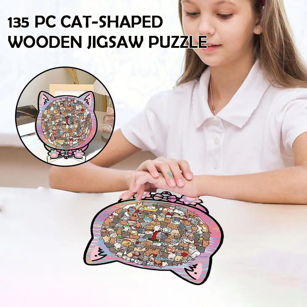 135Pcs Creative Cat-shaped Wooden Puzzle Gifts For Cats Lovers Home Stress Relief Decor Jigsaw Puzzle Cartoon Toys