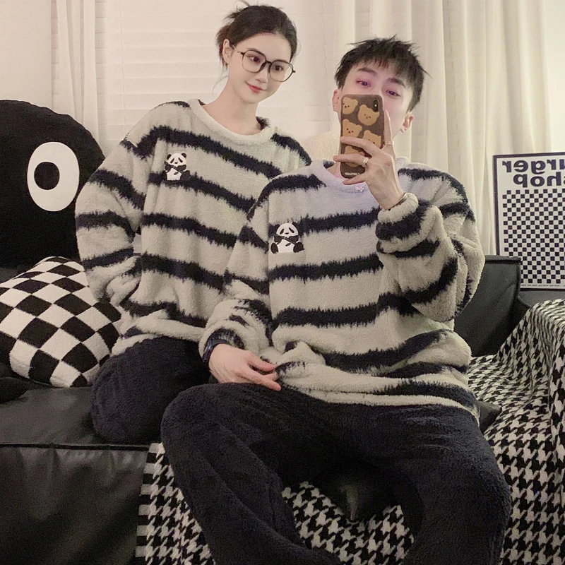 

Couple Pajamas Winter Coral Fleece Men Women Long Sleeve Top Pants Plu Thick Velvet Striped Tiger Panda Sleepwear Lover Clothing