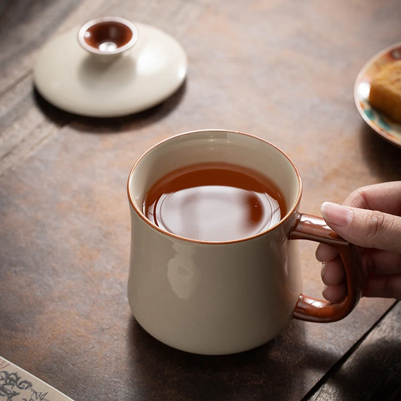 Chinese Style plant ash Ceramic Porcelain Personal Mugs, Home Personal Creative With Cover, Milk Water Coffee Cup, 360ml, 1Pc