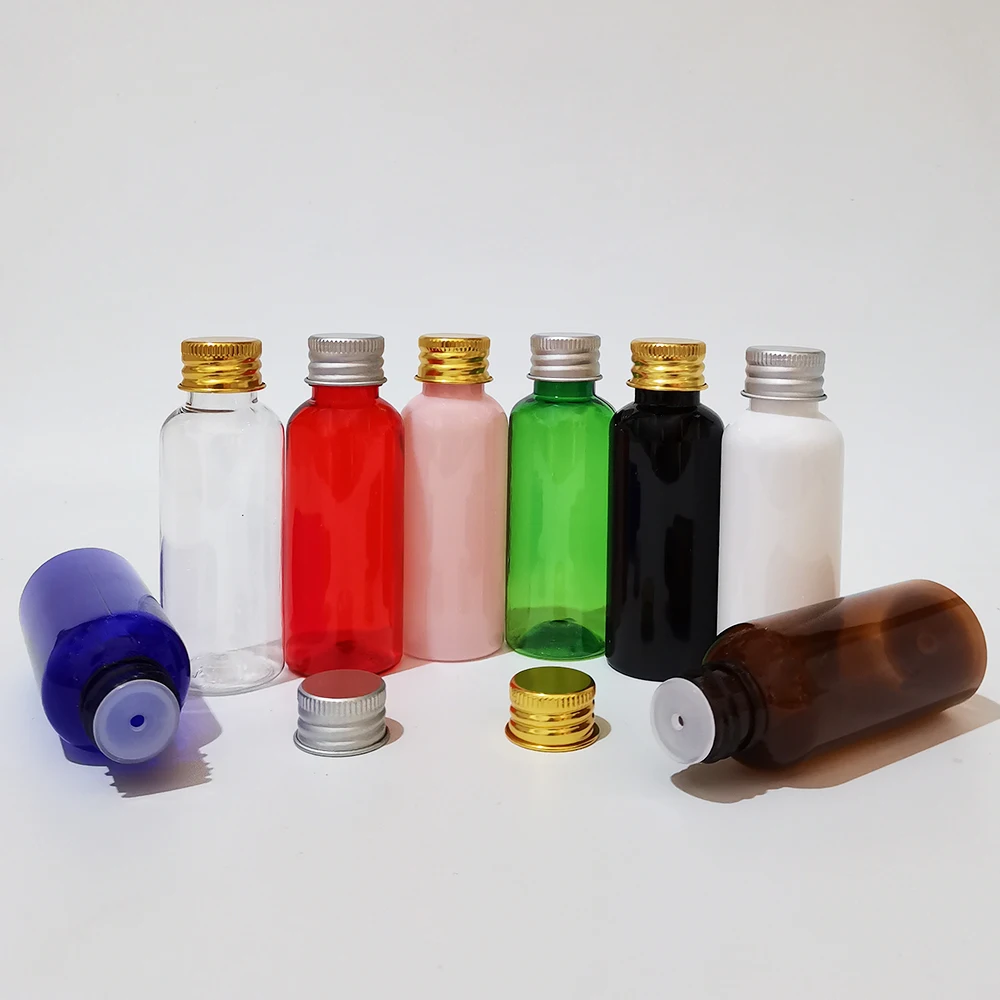

50pcs 50ml Aluminum Screw Cap Bottles For Lotion Toner Shampoo Small Size Plastic Containers With Gold Silver Aluminum Caps