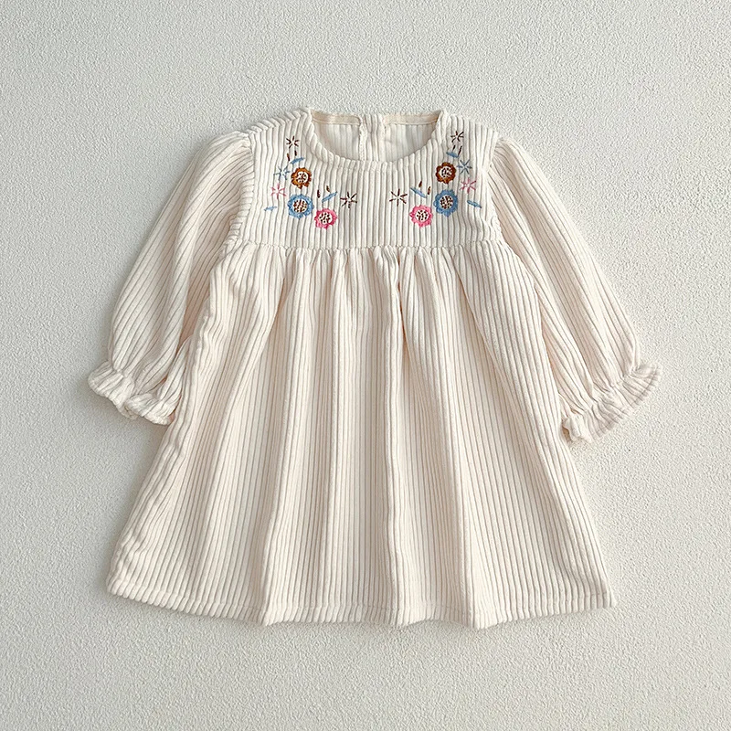 아동복 귀여운 인형 칼라 코듀로이 원피스 용수철, 자수 꽃 원피스, 소녀 원피스, 가을 신상