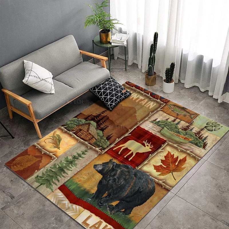 Black Bear Moose Rustic Plank Red Square Farmhouse Mountain Cabin Carpet By Ho Me Lili Per La Decorazione Del Pavimento Della Casa Tappeto